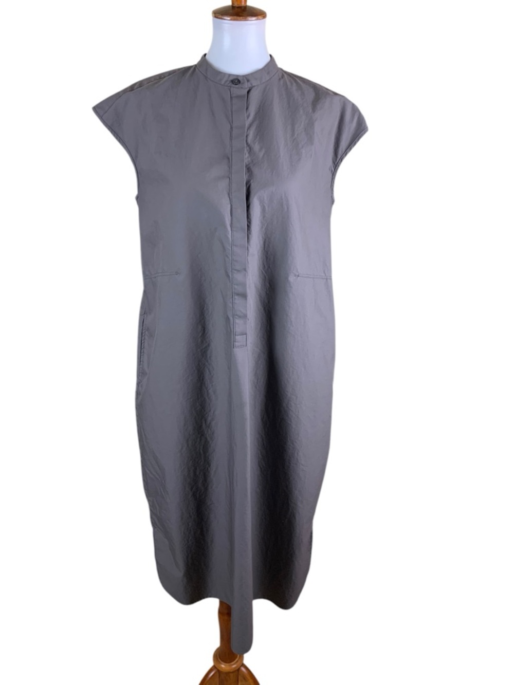 Muji Gray Midi Dress Cap Sleeve Button Front Minimalist Cotton Relaxed Medium